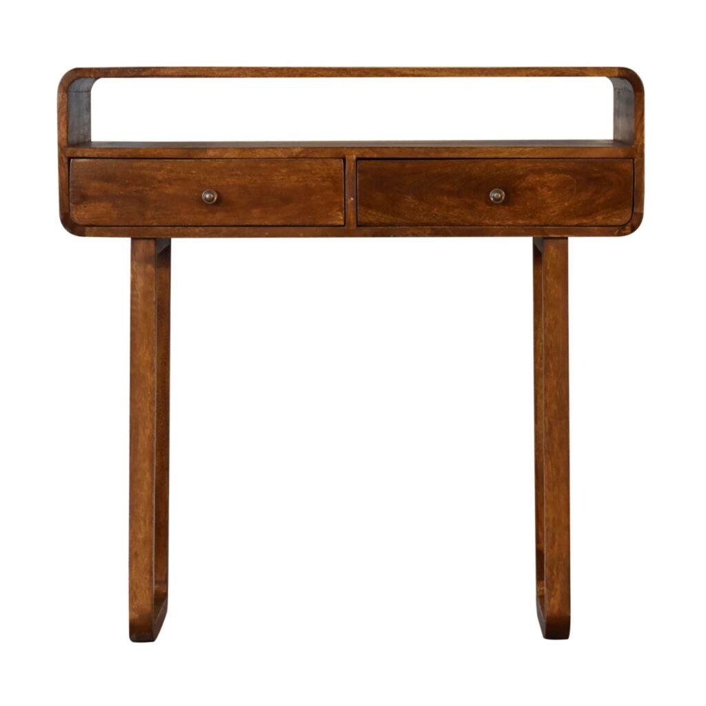 in2133 u curved chestnut console table