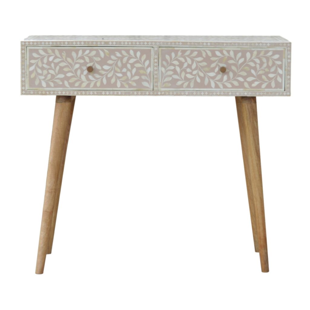 in961 light taupe floral bone inlay console table