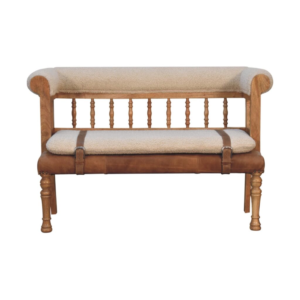 in3489 cream boucle buffalo leather strap hallway bench