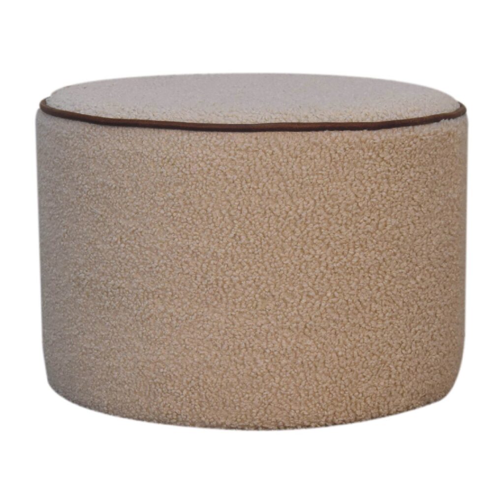 in3503 boucle round footstool with bufallo leather piping