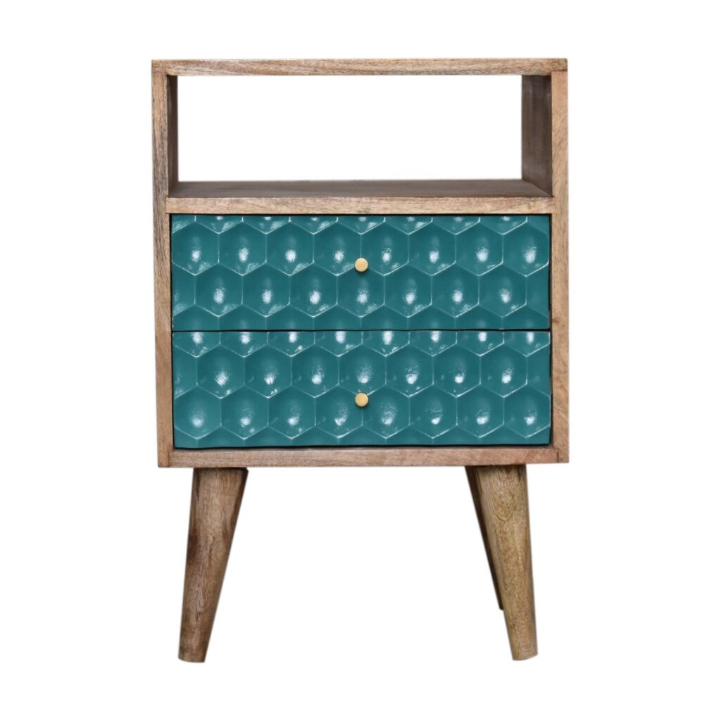 in1706 honeycomb carved teal bedside with open slot