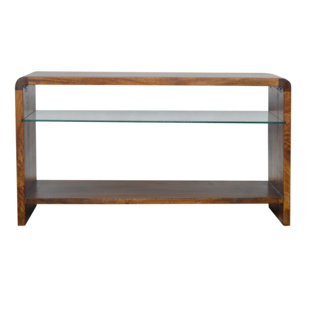 chestnut glass shelf media unit