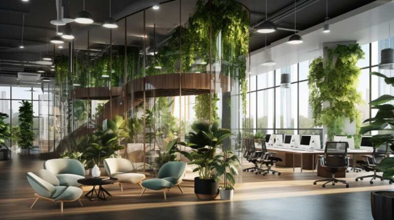 Modern office interior with green plants and natural light