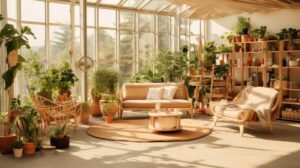 Sunlit conservatory with plants and rattan furniture.