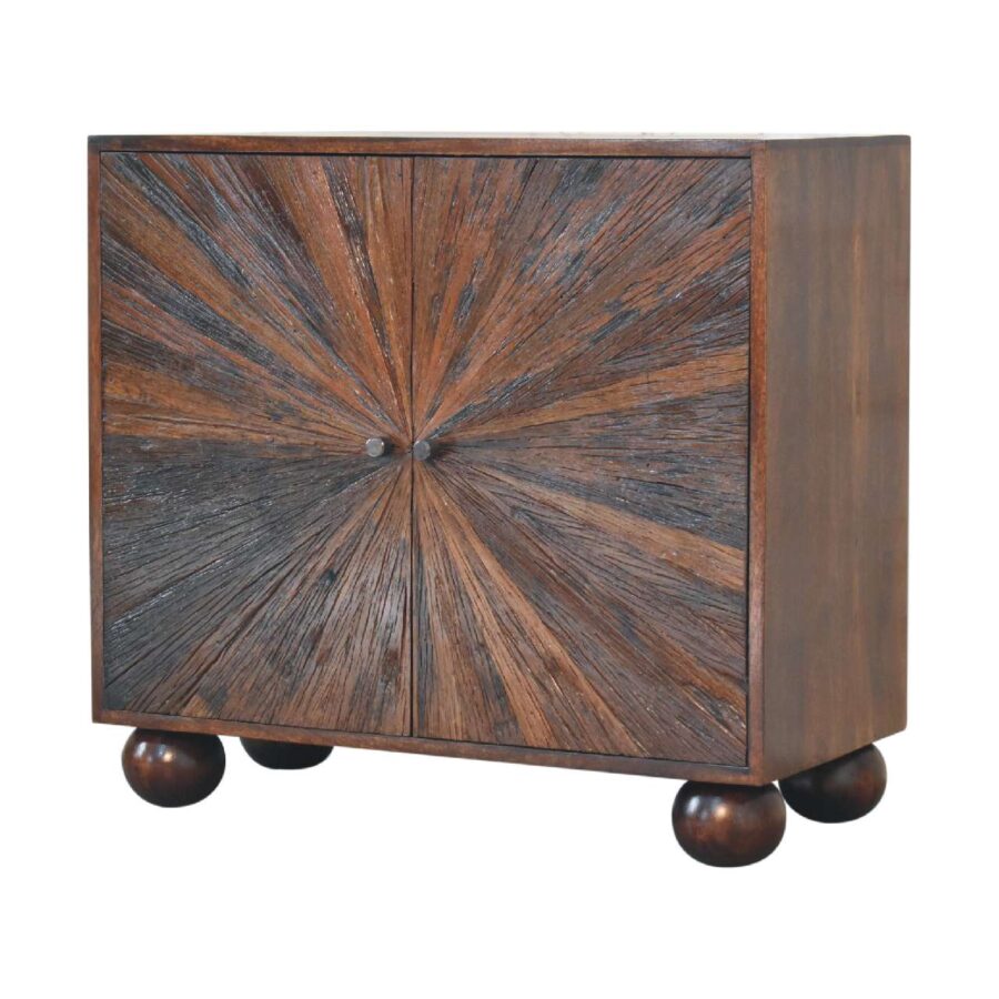 Wooden cabinet with radial pattern on spherical feet.