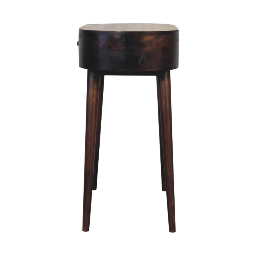 Dark wooden round-top plant stand on tall legs.