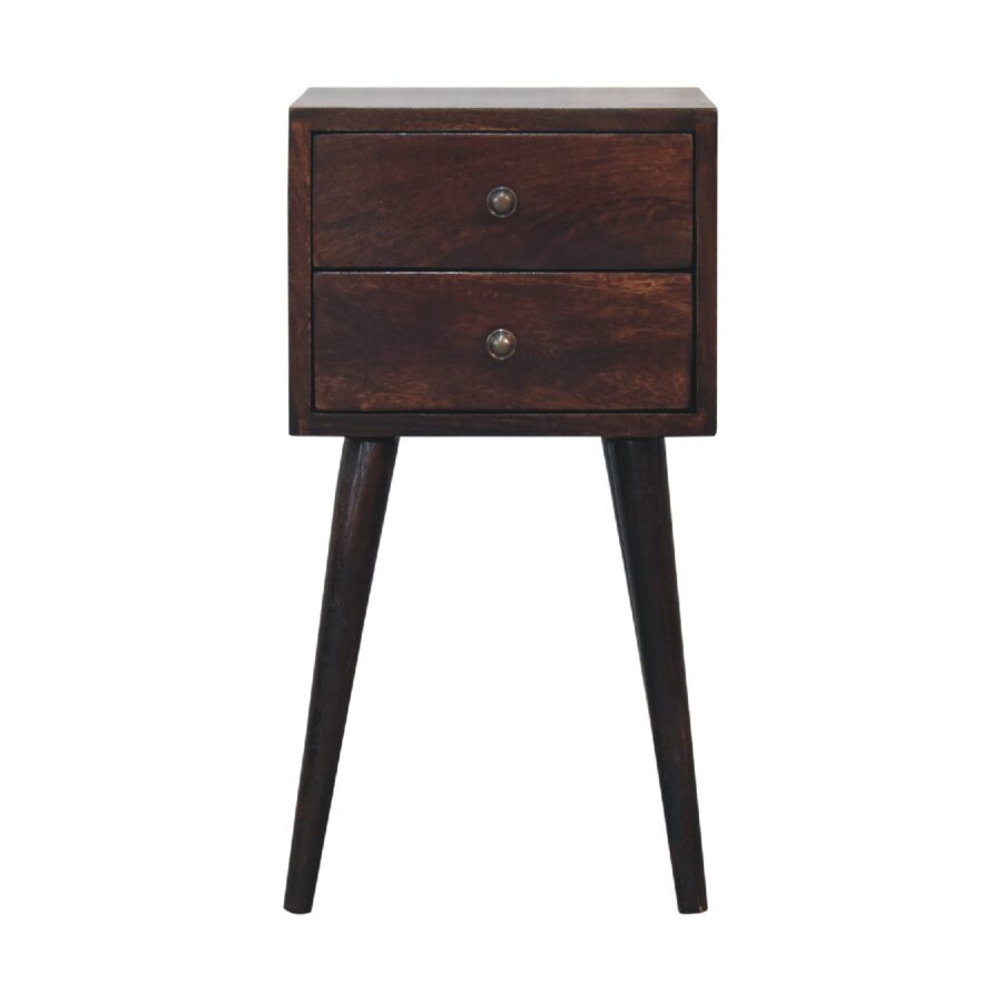 Wooden bedside table with two drawers on angled legs.