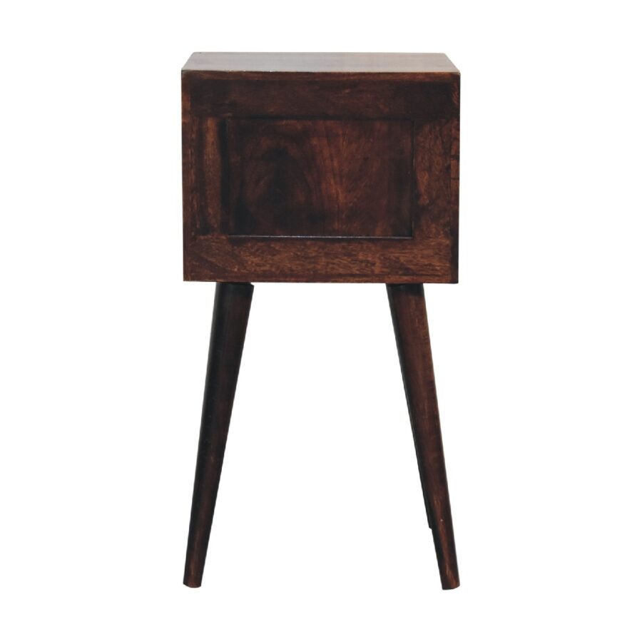Vintage wooden bedside table on tapered legs.