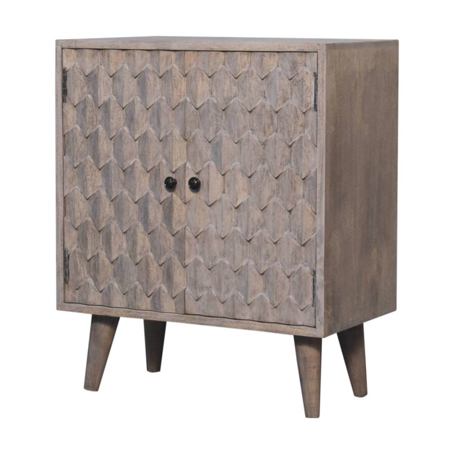 Wooden herringbone-patterned cabinet on angled legs.