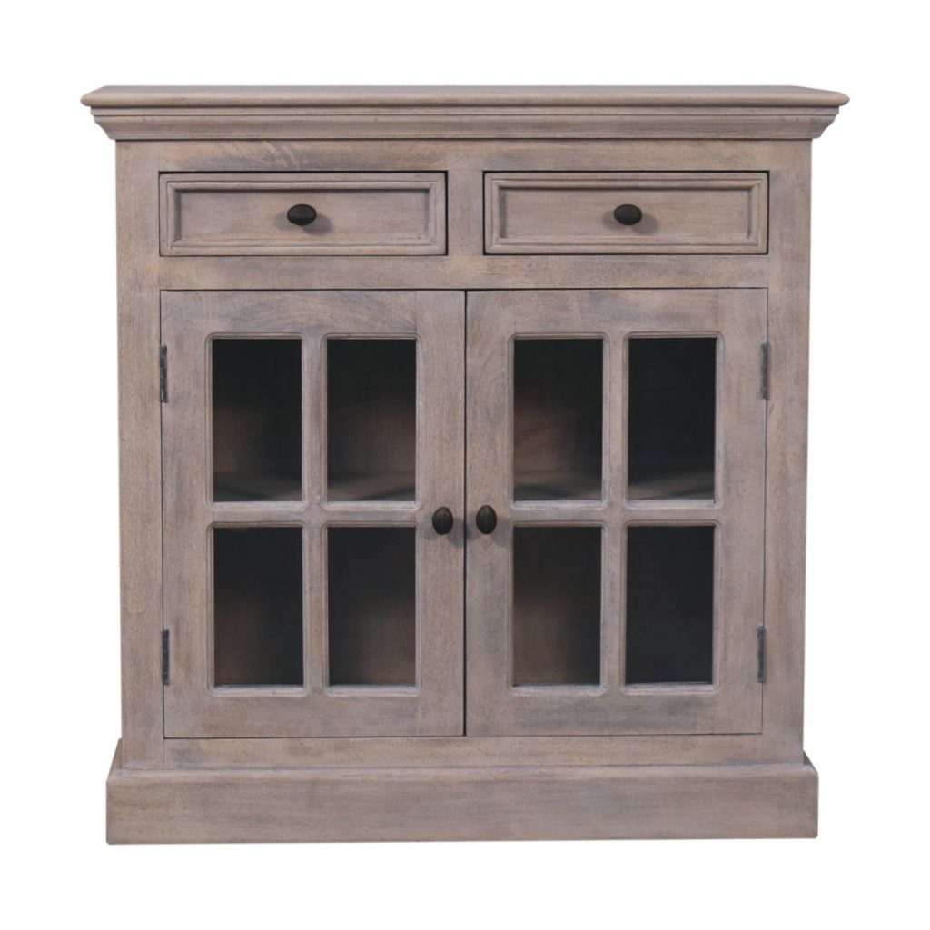 Wooden glass-door cabinet on white background.