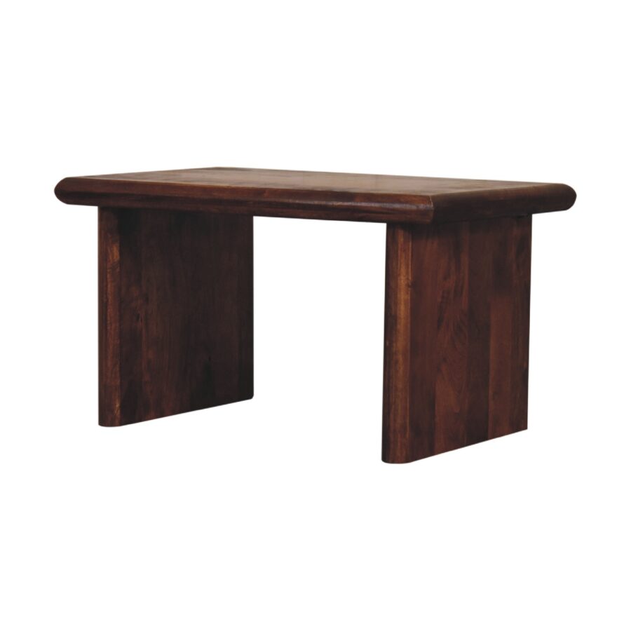 Dark wooden modern dining table on white background.
