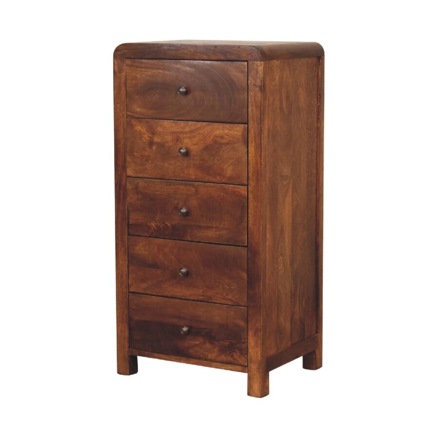 Wooden five-drawer tallboy chest, walnut finish.