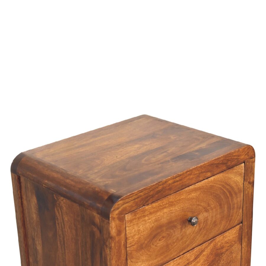 Wooden bedside table with drawer on white background.