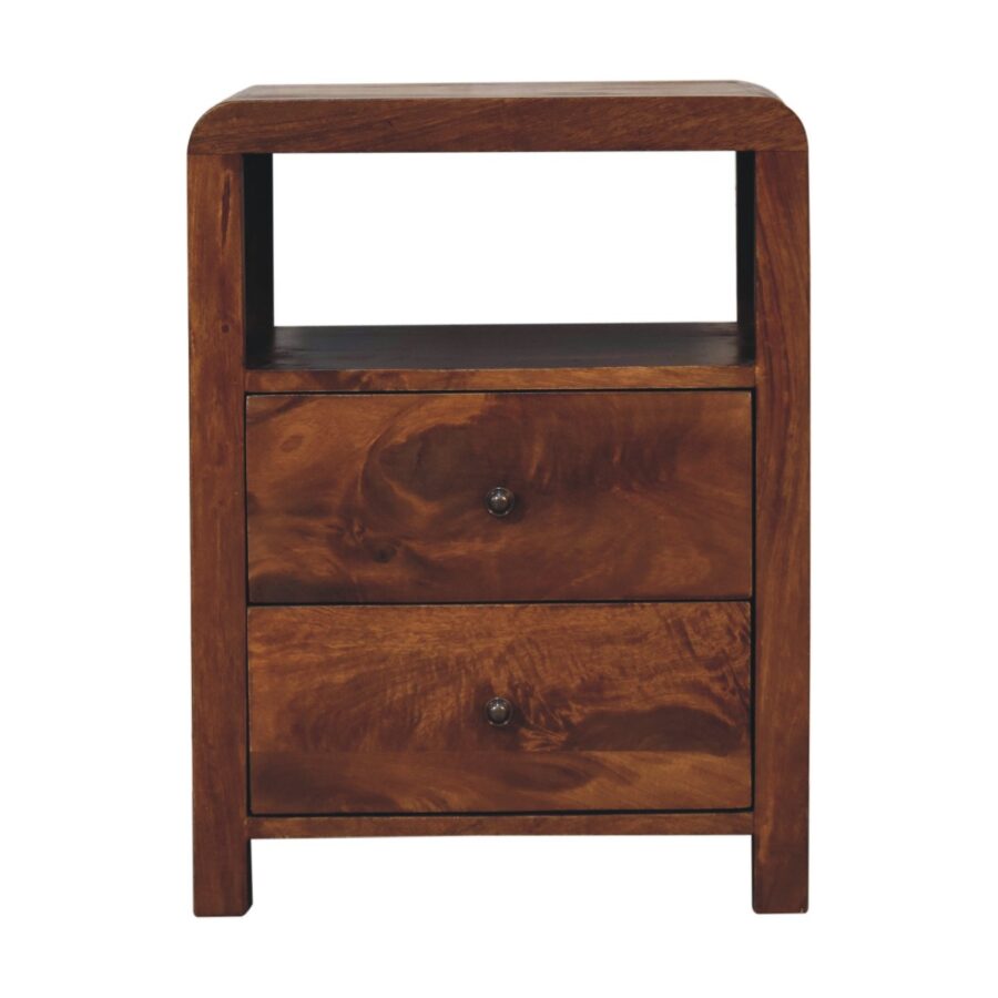 Wooden bedside table with two drawers.
