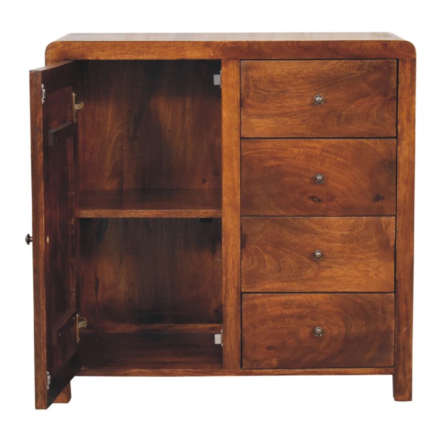 Wooden cabinet with open door and drawers.