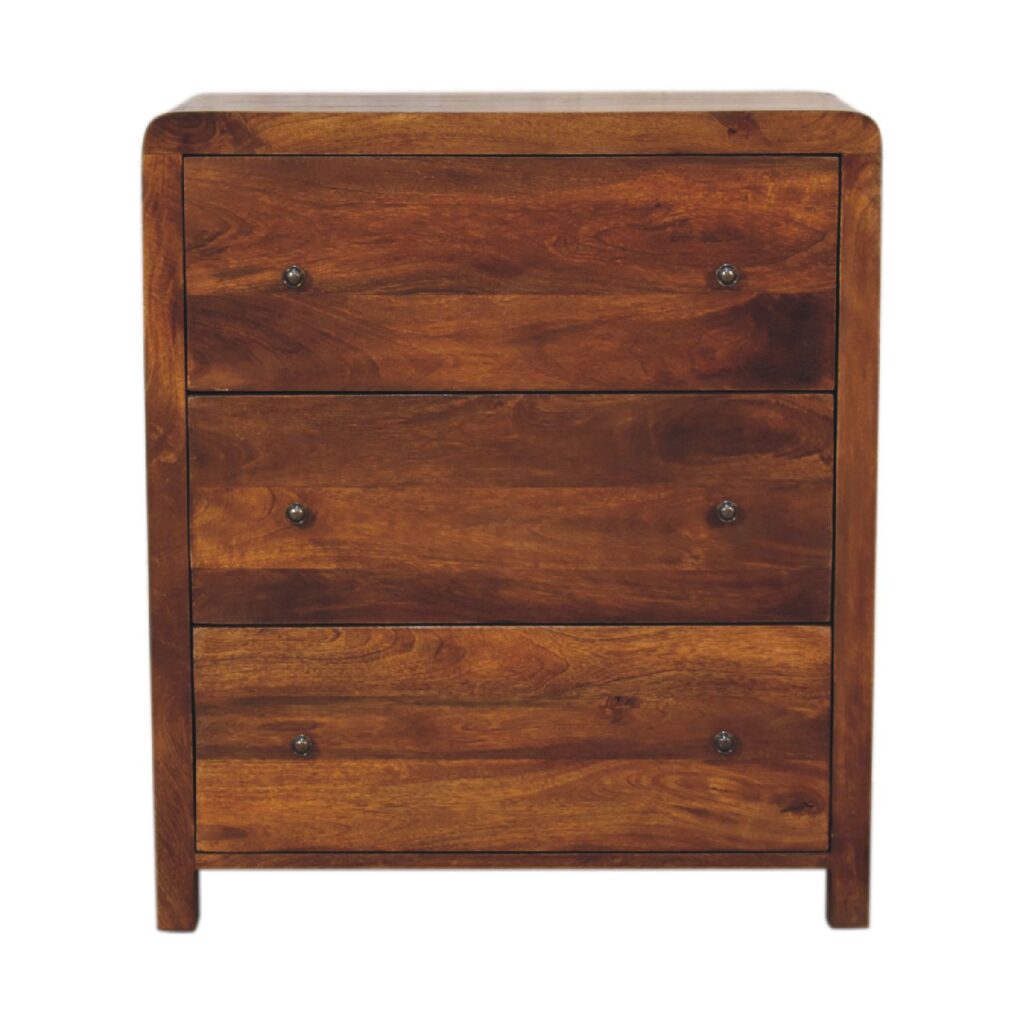 Wooden three-drawer bedside cabinet.