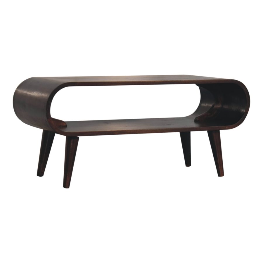 Modern wooden coffee table with oval shape and legs.