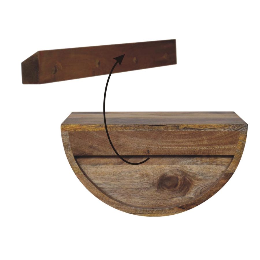 Wooden semi-circle floating shelf with mounting arrow.